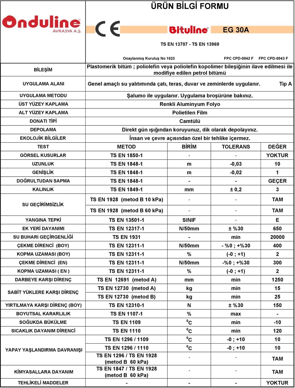 kpa) TS EN 1928 EK YERİ DAYANIMI TS EN 12317-1 N/50mm ± %30 650 ÇEKME DİRENCİ (BOY) TS EN 12311-1 N/50mm - %0 ; +%30 400 KOPMA UZAMASI (BOY) TS EN 12311-1 % (-0 ; +1) 2 ÇEKME DİRENCİ (EN) TS EN