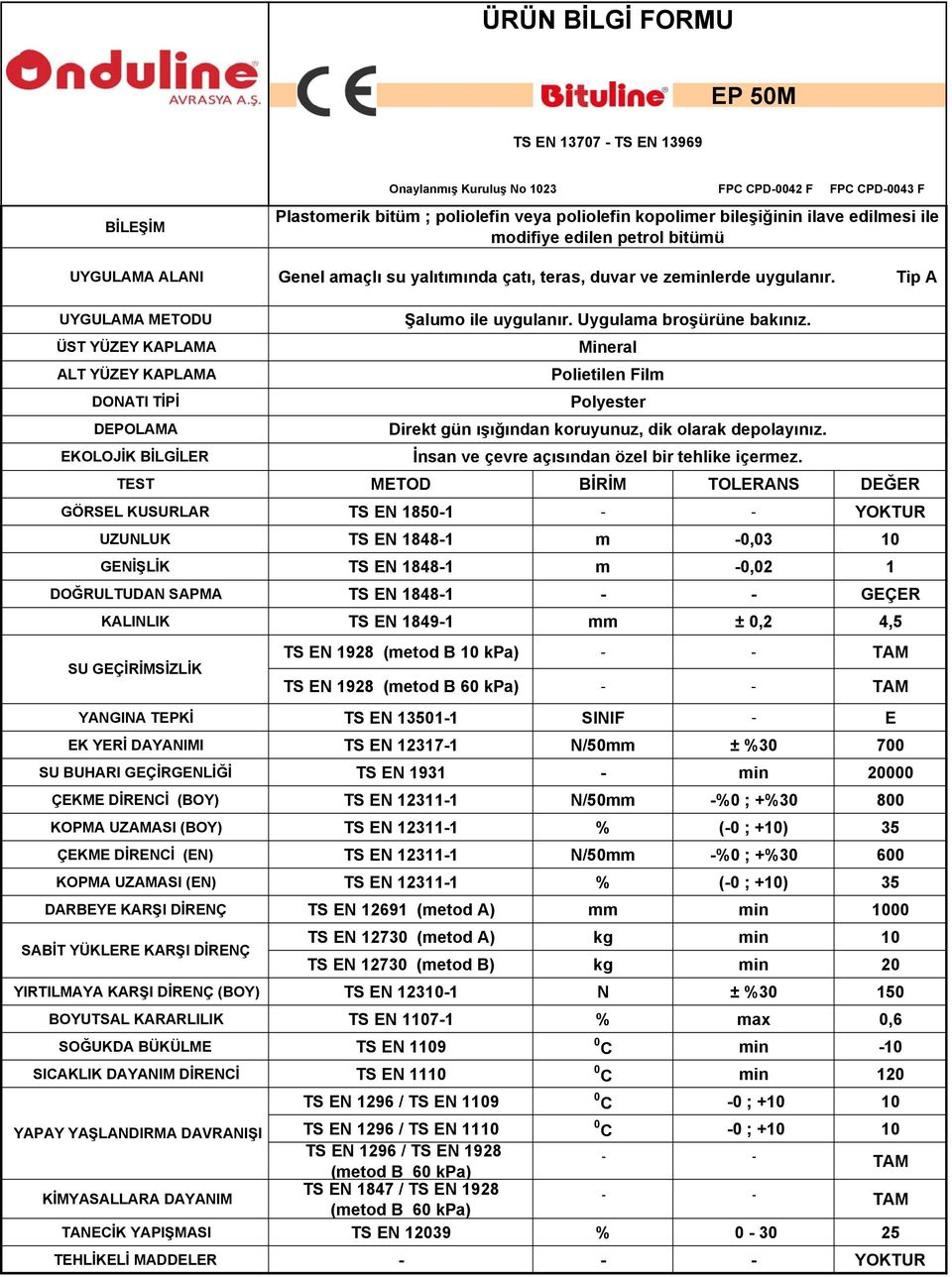 YERİ DAYANIMI TS EN 12317-1 N/50mm ± %30 700 DARBEYE KARŞI DİRENÇ TS EN 12691 (metod A) mm min 1000 TS EN 12730 (metod A) kg min 10 TS EN 12730 (metod B) kg min 20