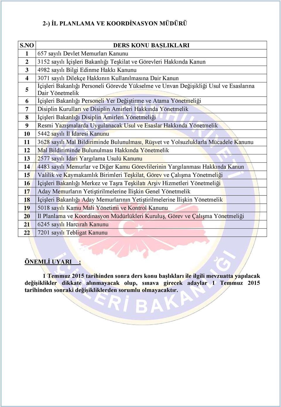 Hakkının Kullanılmasına Dair Kanun 5 İçişleri Bakanlığı Personeli Görevde Yükselme ve Unvan Değişikliği Usul ve Esaslarına Dair Yönetmelik 6 İçişleri Bakanlığı Personeli Yer Değiştirme ve Atama