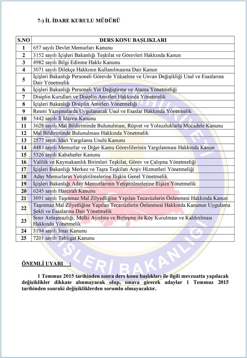 Hakkının Kullanılmasına Dair Kanun 5 İçişleri Bakanlığı Personeli Görevde Yükselme ve Unvan Değişikliği Usul ve Esaslarına Dair Yönetmelik 6 İçişleri Bakanlığı Personeli Yer Değiştirme ve Atama