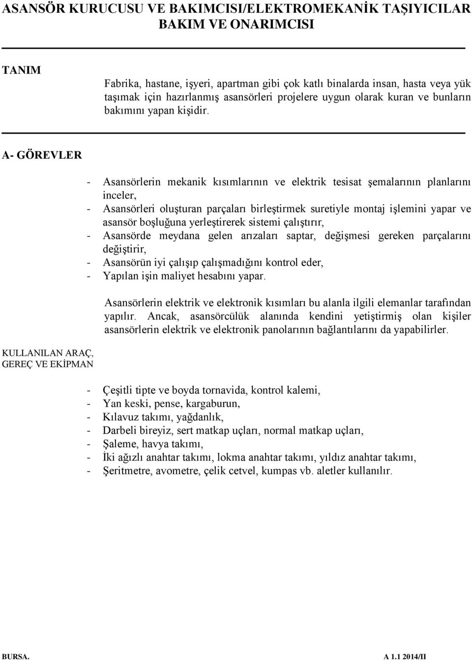 işlemini yapar ve asansör boşluğuna yerleştirerek sistemi çalıştırır, - Asansörde meydana gelen arızaları saptar, değişmesi gereken parçalarını değiştirir, - Asansörün iyi çalışıp çalışmadığını