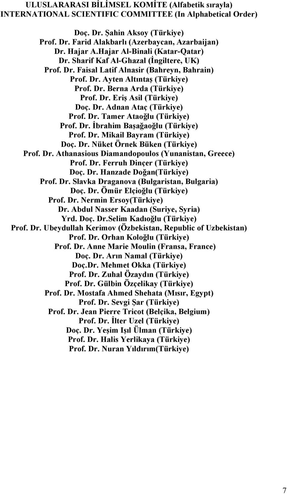 Dr. Eriş Asil (Türkiye) Doç. Dr. Adnan Ataç (Türkiye) Prof. Dr. Tamer Ataoğlu (Türkiye) Prof. Dr. İbrahim Başağaoğlu (Türkiye) Prof. Dr. Mikail Bayram (Türkiye) Doç. Dr. Nüket Örnek Büken (Türkiye) Prof.