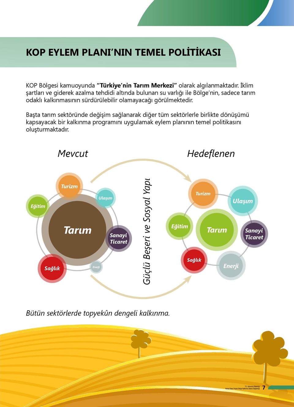 Başta tarım sektöründe değişim sağlanarak diğer tüm sektörlerle birlikte dönüşümü kapsayacak bir kalkınma programını uygulamak eylem planının temel politikasını