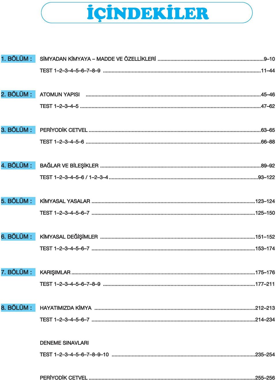 BÖLÜM : K MYASAL YASALAR...123 124 TEST 1 2 3 4 5 6 7...125 150 6. BÖLÜM : K MYASAL DE fi MLER...151 152 TEST 1 2 3 4 5 6 7...153 174 7. BÖLÜM : KARIfiIMLAR.