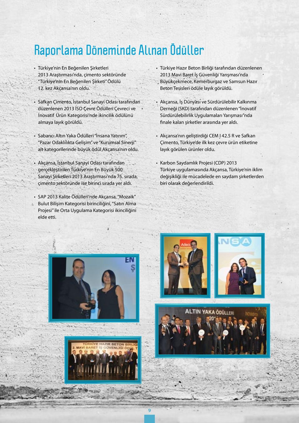 Sabancı Altın Yaka Ödülleri İnsana Yatırım, Pazar Odaklılıkta Gelişim ve Kurumsal Sinerji alt kategorilerinde büyük ödül Akçansa nın oldu.