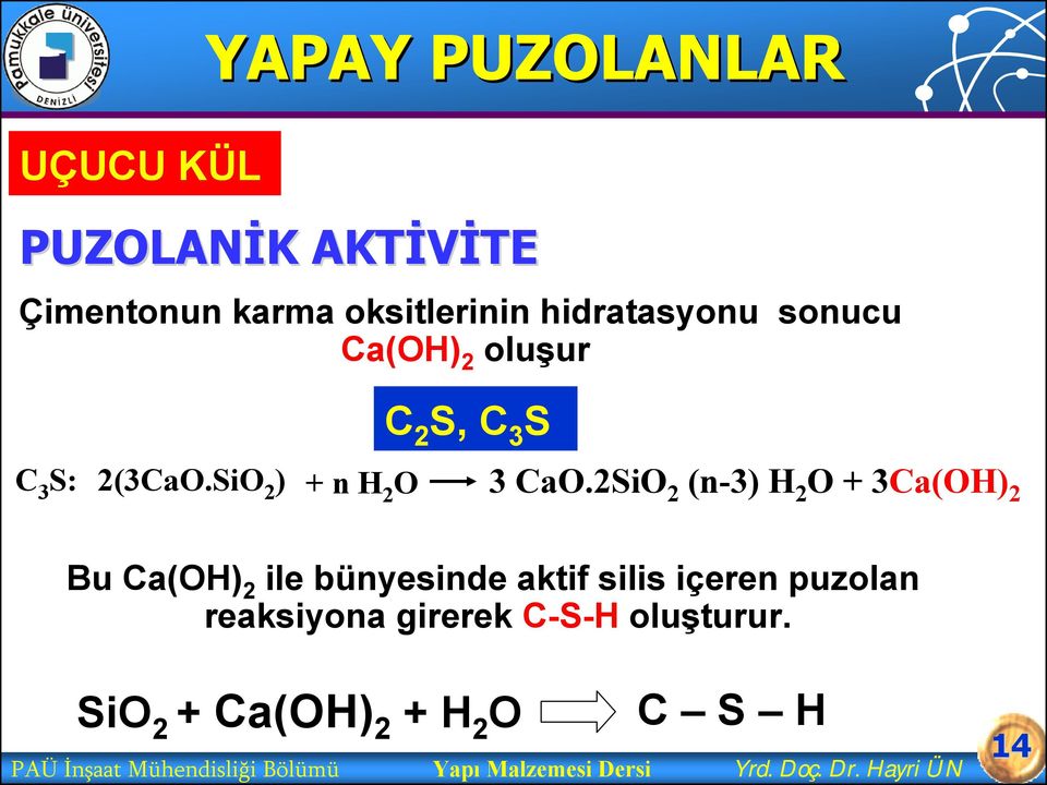 2SiO 2 (n-3) H 2 O + 3Ca(OH) 2 Bu Ca(OH) 2 ile bünyesinde aktif silis içeren puzolan reaksiyona