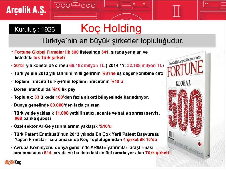 188 milyon TL) Türkiye nin 2013 yılı tahmini milli gelirinin %8 ine eş değer kombine ciro Toplam ihracatı Türkiye nin toplam ihracatının %10 u Borsa İstanbul da %16 lık pay Topluluk; 33 ülkede 100