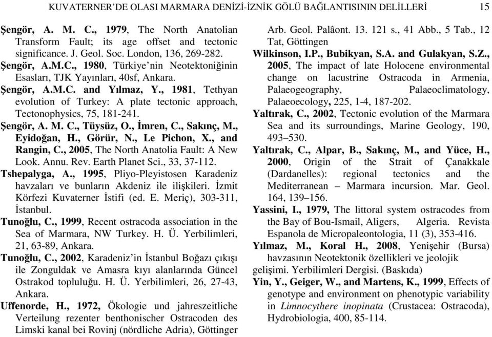 , 1981, Tethyan evolution of Turkey: A plate tectonic approach, Tectonophysics, 75, 181-241. Şengör, A. M. C., Tüysüz, O., İmren, C., Sakınç, M., Eyidoğan, H., Görür, N., Le Pichon, X., and Rangin, C.
