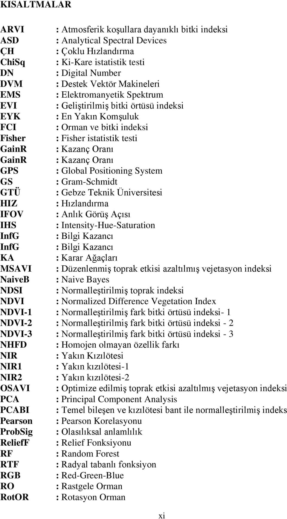 Kazanç Oranı GPS : Global Positioning System GS : Gram-Schmidt GTÜ : Gebze Teknik Üniversitesi HIZ : Hızlandırma IFOV : Anlık Görüş Açısı IHS : Intensity-Hue-Saturation InfG : Bilgi Kazancı InfG :