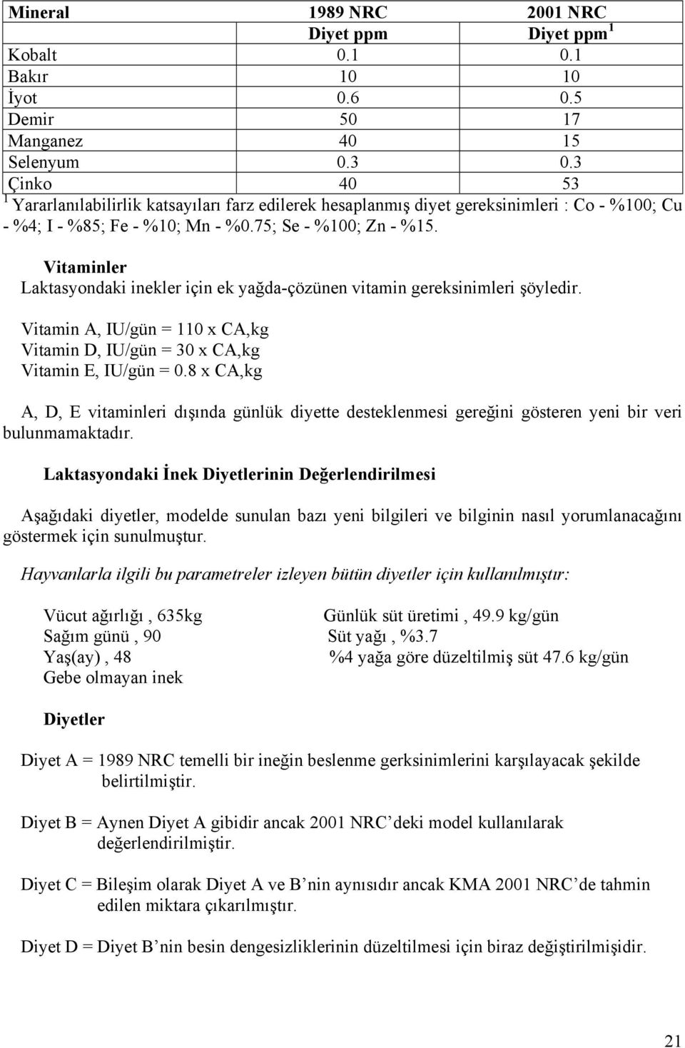 Vitaminler Laktasyondaki inekler için ek yağda-çözünen vitamin gereksinimleri şöyledir. Vitamin A, IU/gün = 110 x CA,kg Vitamin D, IU/gün = 30 x CA,kg Vitamin E, IU/gün = 0.