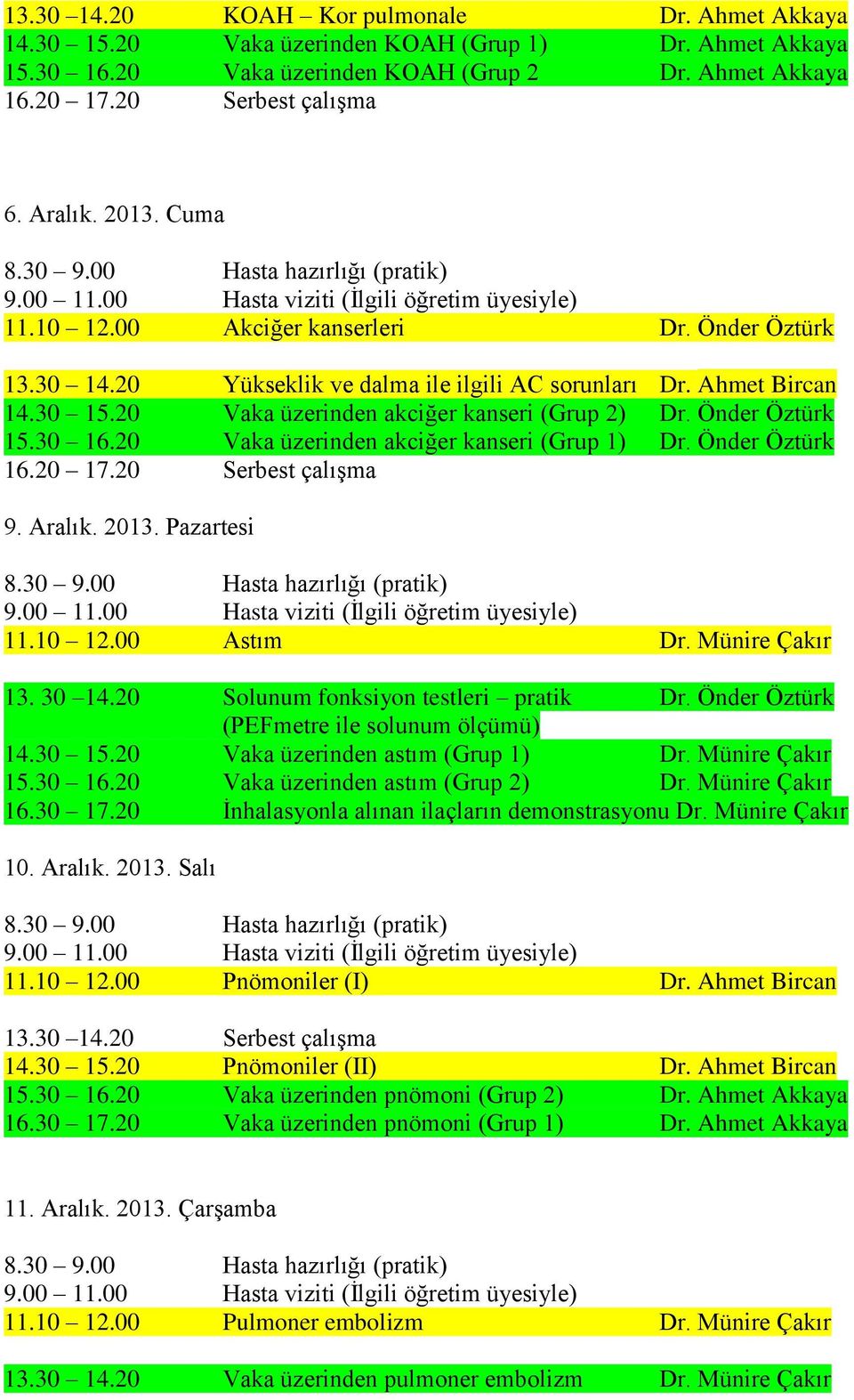 20 Vaka üzerinden akciğer kanseri (Grup 1) Dr. Önder Öztürk 9. Aralık. 2013. Pazartesi 11.10 12.00 Astım Dr. Münire Çakır 13. 30 14.20 Solunum fonksiyon testleri pratik Dr.
