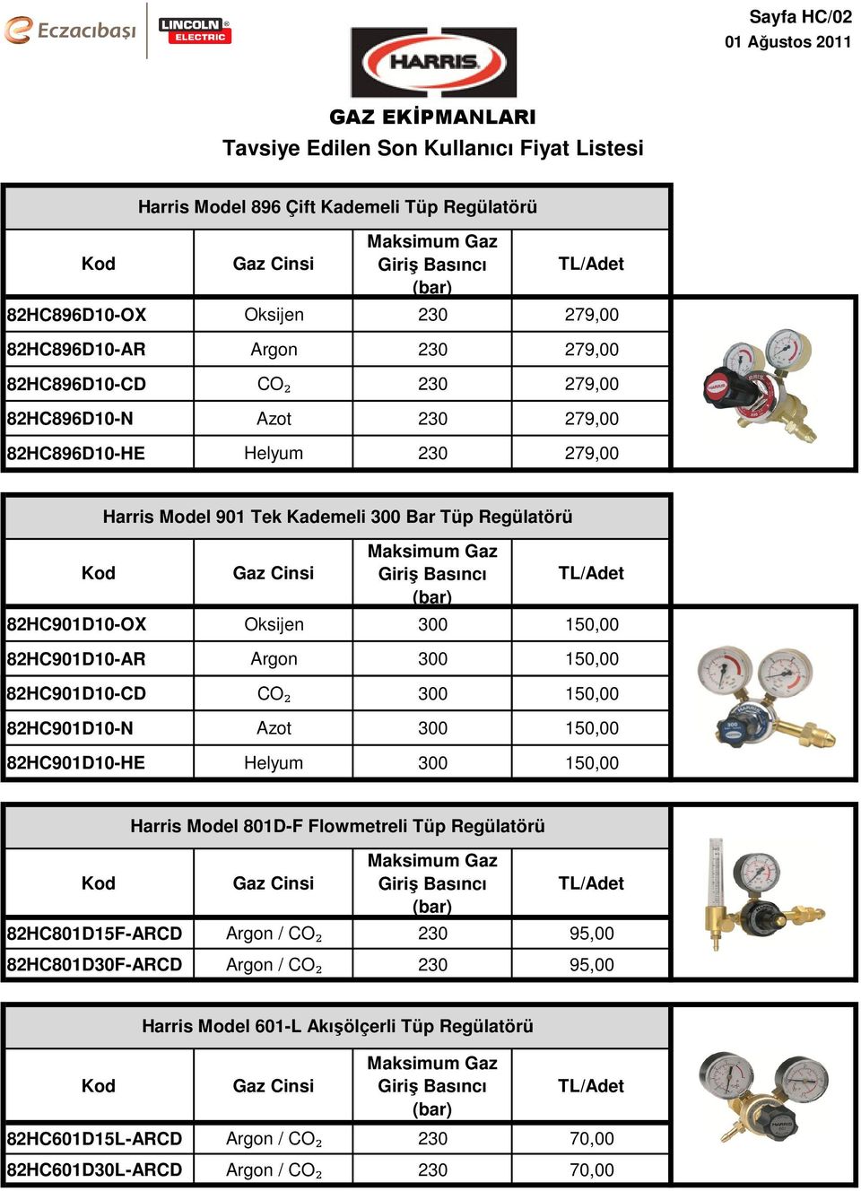 82HC901D10-AR Argon 300 150,00 82HC901D10-CD CO₂ 300 150,00 82HC901D10-N Azot 300 150,00 82HC901D10-HE Helyum 300 150,00 Harris Model 801D-F Flowmetreli Tüp Regülatörü Gaz Cinsi Maksimum Gaz Giriş