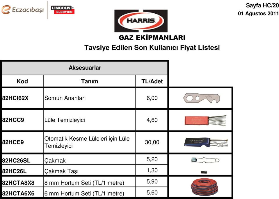 30,00 82HC26SL Çakmak 5,20 82HC26L Çakmak Taşı 1,30 82HCTA8X8 8 mm