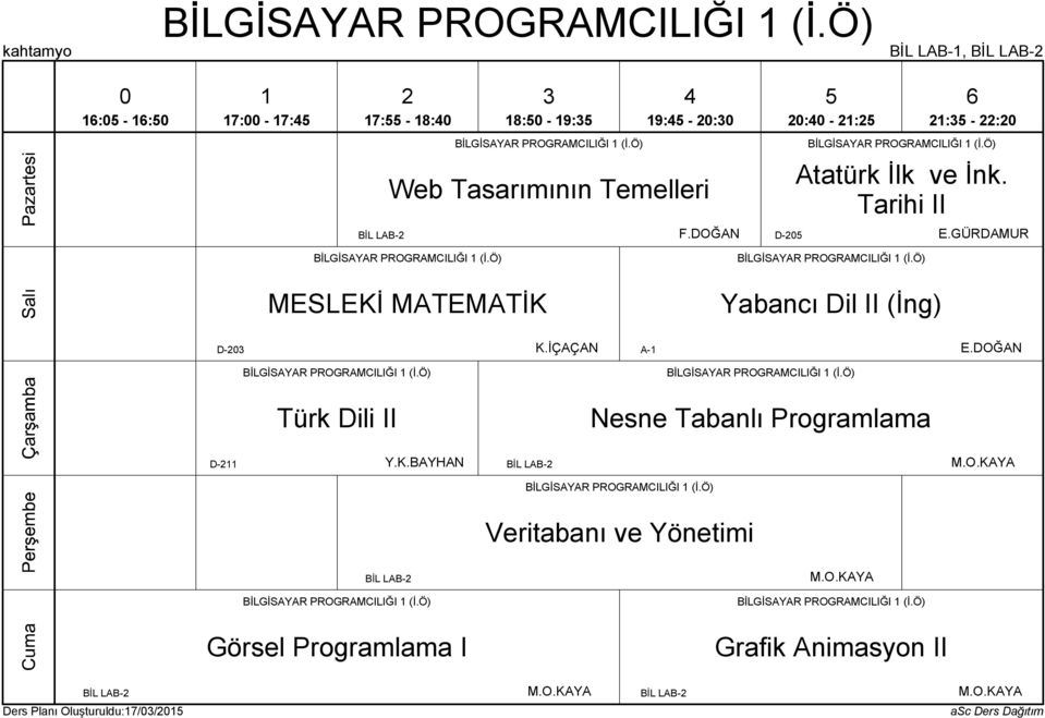 Ö) Yabancı Dil II (İng) D- K.İÇAÇAN A- E.DOĞAN BİLGİSAYAR PROGRAMCILIĞI (İ.Ö) Türk Dili II BİLGİSAYAR PROGRAMCILIĞI (İ.Ö) Nesne Tabanlı Programlama D- Y.K.BAYHAN BİL LAB- M.O.KAYA BİLGİSAYAR PROGRAMCILIĞI (İ.