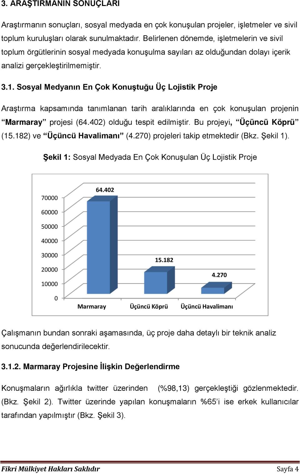 Sosyal Medyanın En Çok Konuştuğu Üç Lojistik Proje Araştırma kapsamında tanımlanan tarih aralıklarında en çok konuşulan projenin Marmaray projesi (64.402) olduğu tespit edilmiştir.