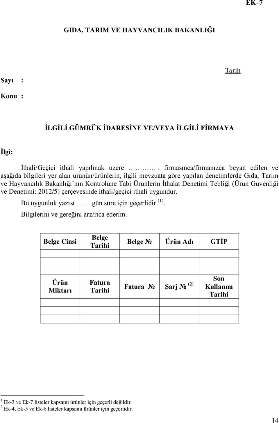 İthalat Denetimi Tebliği (Ürün Güvenliği ve Denetimi: 2012/5) çerçevesinde ithali/geçici ithali uygundur. Bu uygunluk yazısı gün süre için geçerlidir (1). Bilgilerini ve gereğini arz/rica ederim.