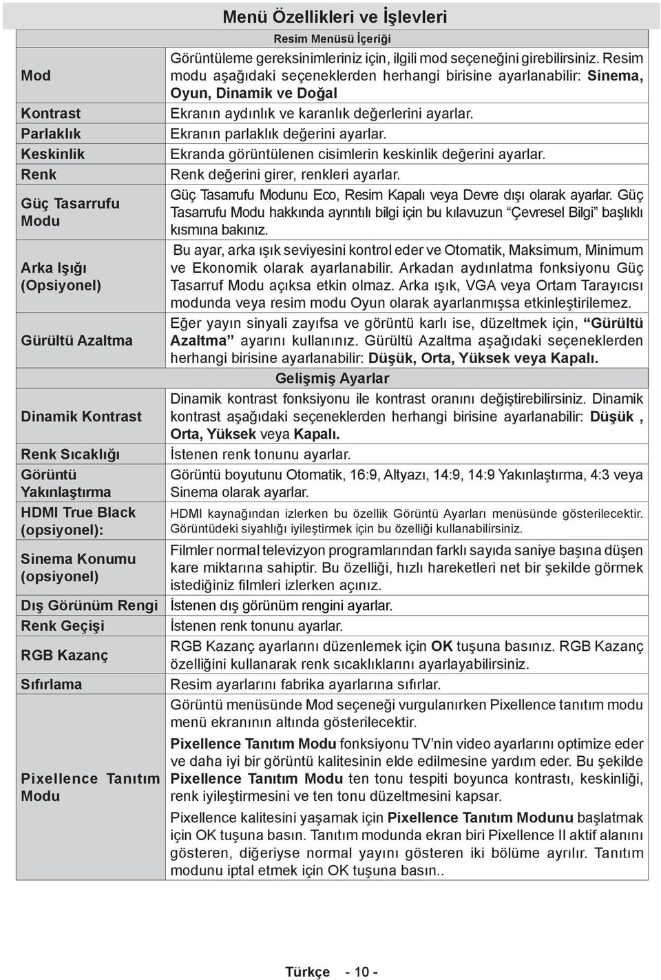 girebilirsiniz. Resim modu aşağıdaki seçeneklerden herhangi birisine ayarlanabilir: Sinema, Oyun, Dinamik ve Doğal Ekranın aydınlık ve karanlık değerlerini ayarlar. Ekranın parlaklık değerini ayarlar.