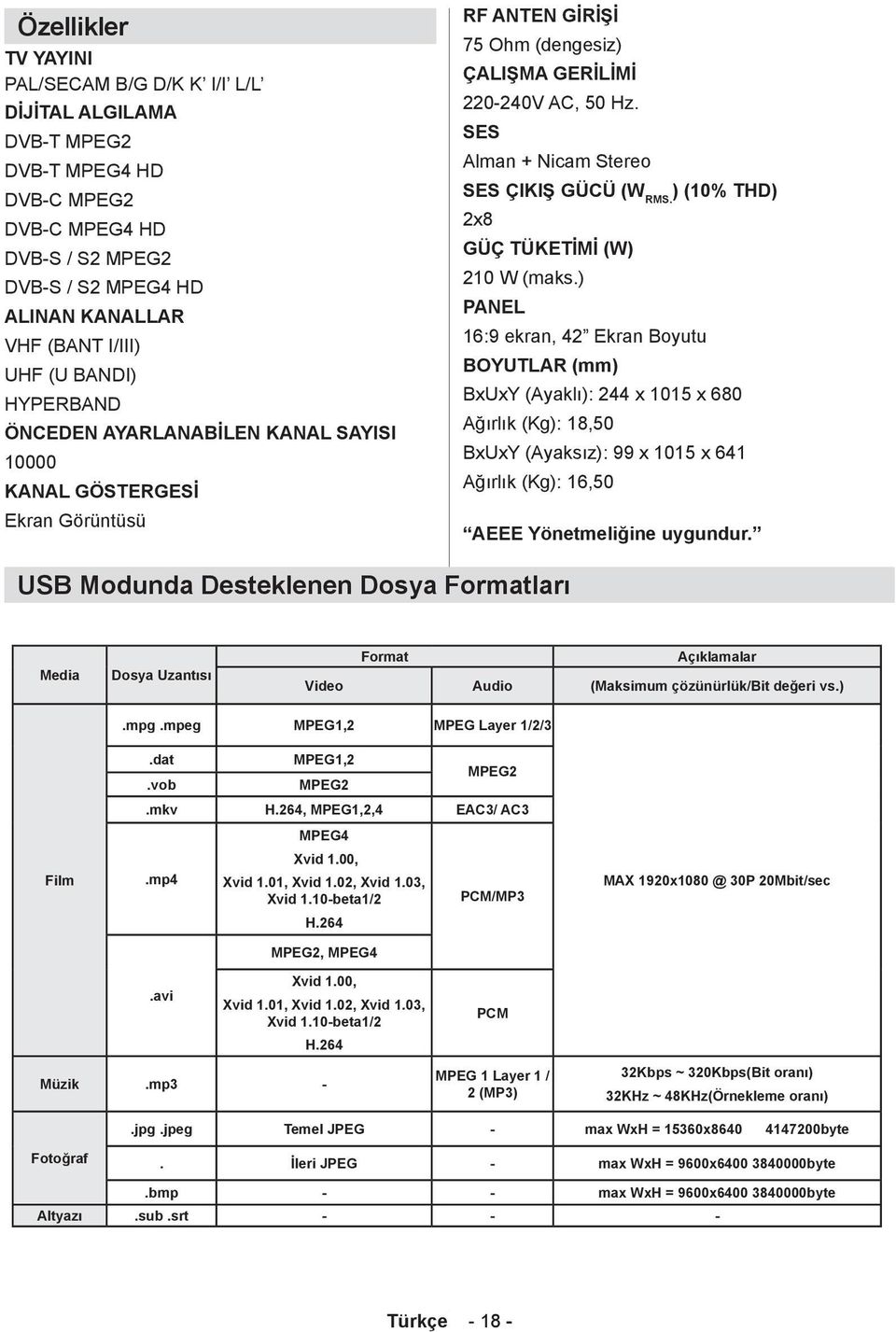 SES Alman + Nicam Stereo SES ÇIKIŞ GÜCÜ (W RMS. ) (10% THD) 2x8 GÜÇ TÜKETİMİ (W) 210 W (maks.