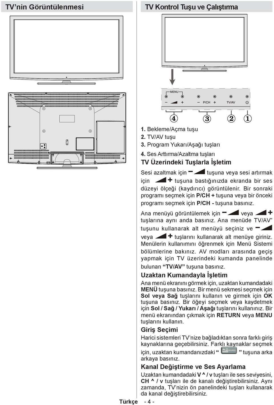 Bir sonraki programı seçmek için P/CH + tuşuna veya bir önceki programı seçmek için P/CH - tuşuna basınız. Ana menüyü görüntülemek için veya tuşlarına aynı anda basınız.