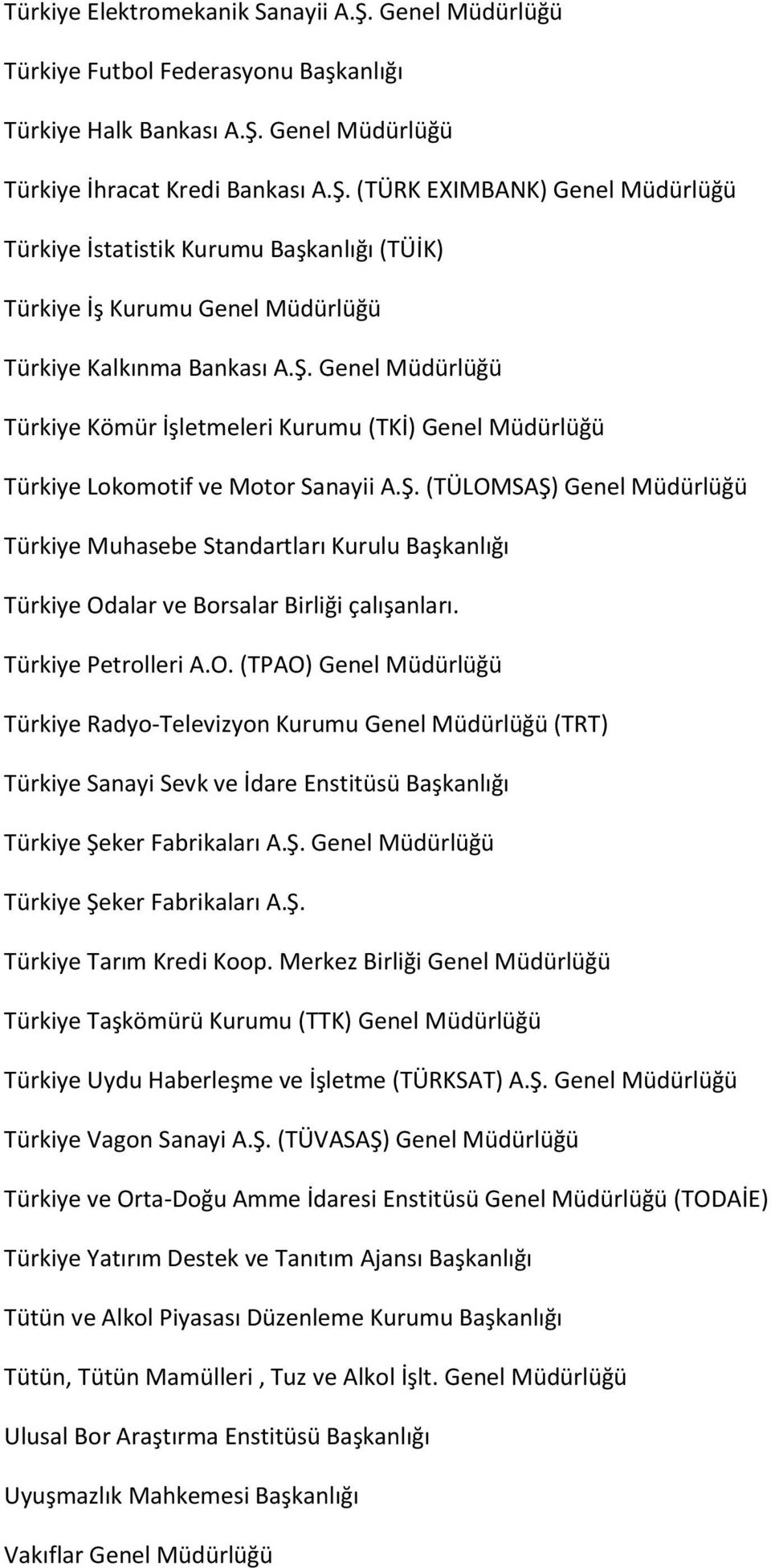 Türkiye Petrolleri A.O. (TPAO) Genel Müdürlüğü Türkiye Radyo-Televizyon Kurumu Genel Müdürlüğü (TRT) Türkiye Sanayi Sevk ve İdare Enstitüsü Başkanlığı Türkiye Şe