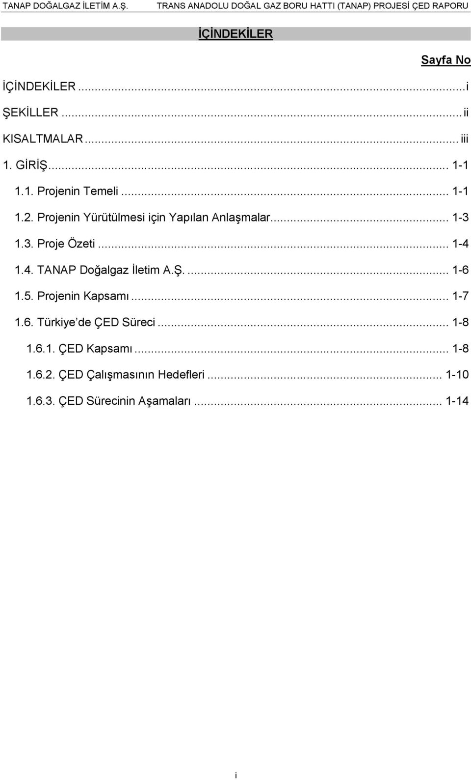 1.4. TANAP Doğalgaz İletim A.Ş.... 1-6 1.5. Projenin Kapsamı... 1-7 1.6. Türkiye de ÇED Süreci... 1-8 1.