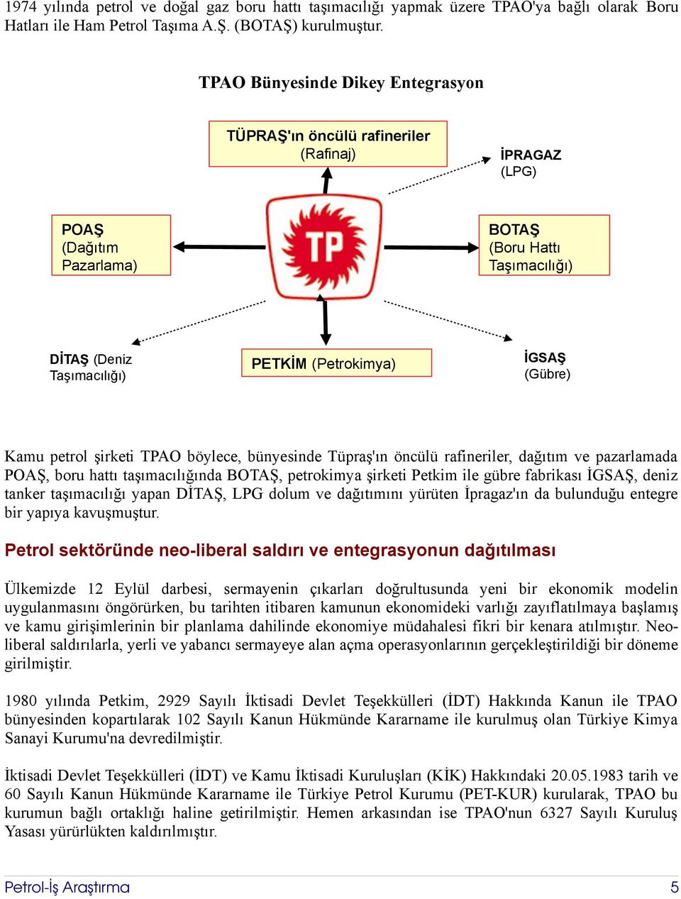 (Gübre) Kamu petrol şirketi TPAO böylece, bünyesinde Tüpraş'ın öncülü rafineriler, dağıtım ve pazarlamada POAŞ, boru hattı taşımacılığında BOTAŞ, petrokimya şirketi Petkim ile gübre fabrikası İGSAŞ,