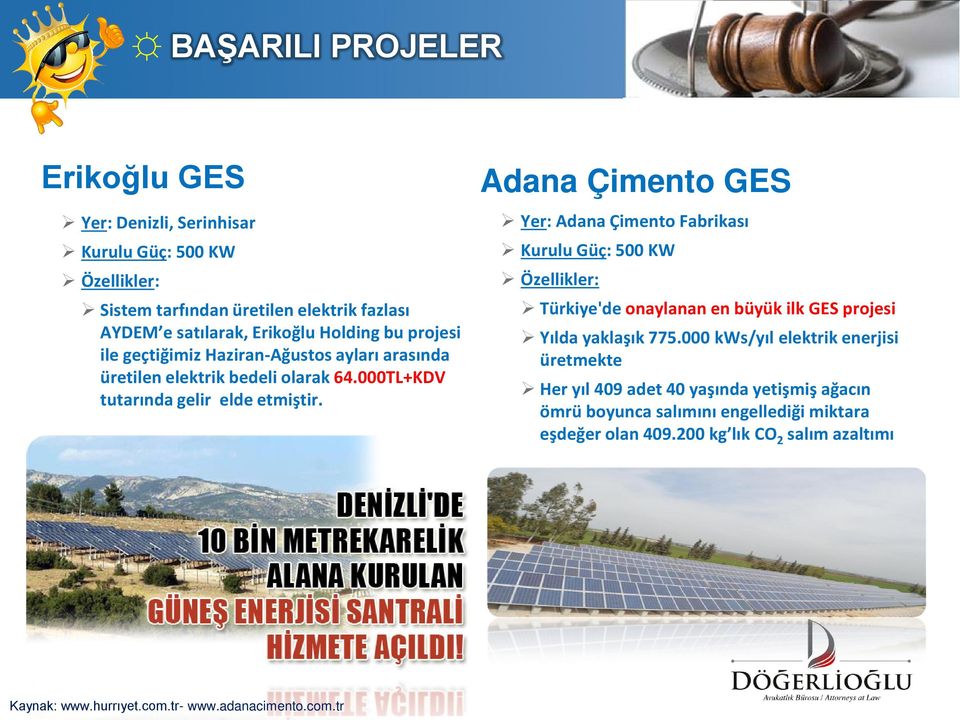 Adana Çimento GES Yer: Adana Çimento Fabrikası Kurulu Güç: 500 KW Özellikler: Türkiye'de onaylanan en büyük ilk GES projesi Yılda yaklaşık 775.