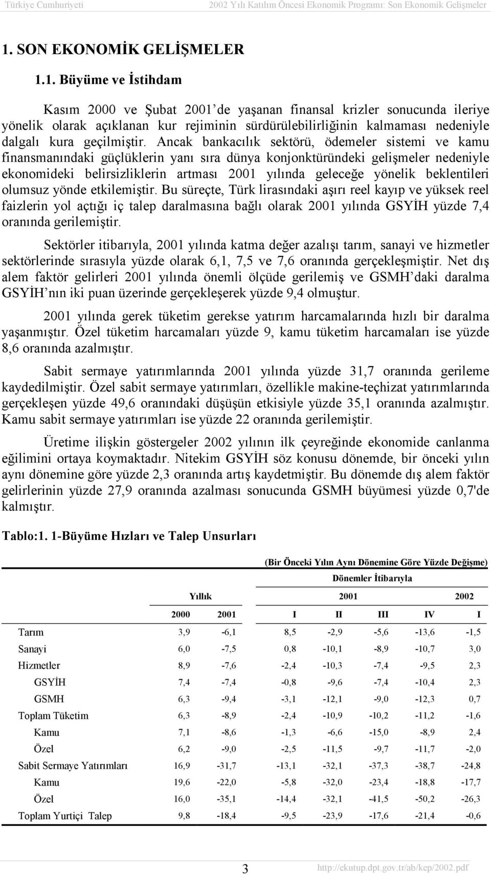 1. Büyüme ve İstihdam Kasõm 2000 ve Şubat 2001 de yaşanan finansal krizler sonucunda ileriye yönelik olarak açõklanan kur rejiminin sürdürülebilirliğinin kalmamasõ nedeniyle dalgalõ kura geçilmiştir.