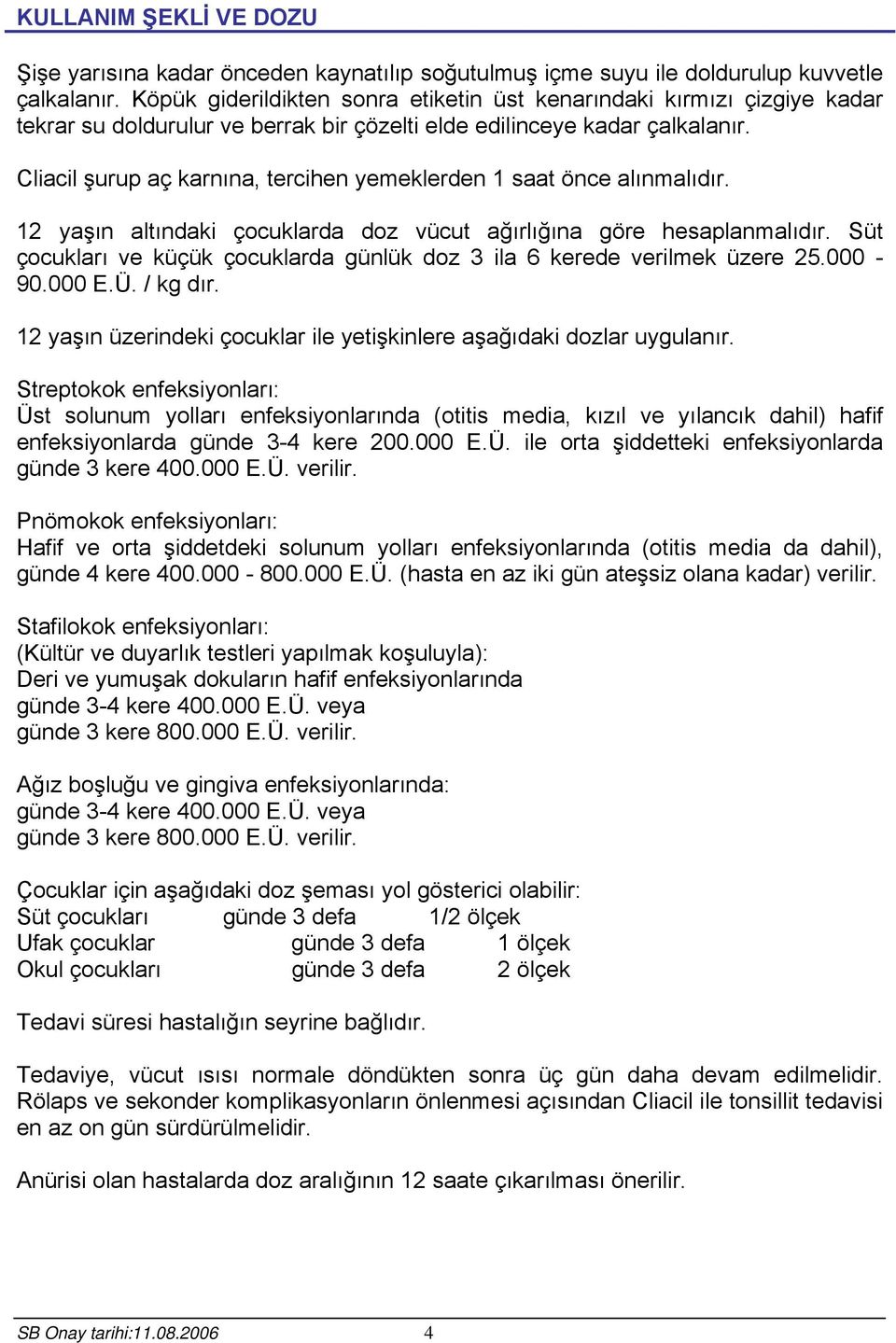 Cliacil şurup aç karnına, tercihen yemeklerden 1 saat önce alınmalıdır. 12 yaşın altındaki çocuklarda doz vücut ağırlığına göre hesaplanmalıdır.