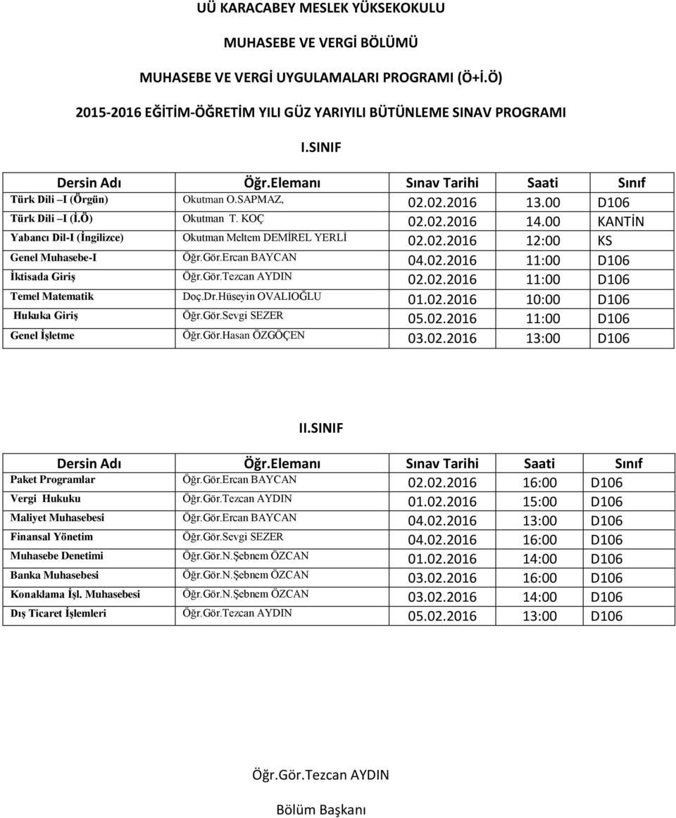 Gör.Sevgi SEZER 05.02.2016 11:00 D106 Genel ĠĢletme Öğr.Gör.Hasan ÖZGÖÇEN 03.02.2016 13:00 D106 Paket Programlar Öğr.Gör.Ercan BAYCAN 02.02.2016 16:00 D106 Vergi Hukuku Öğr.Gör.Tezcan AYDIN 01.02.2016 15:00 D106 Maliyet Muhasebesi Öğr.