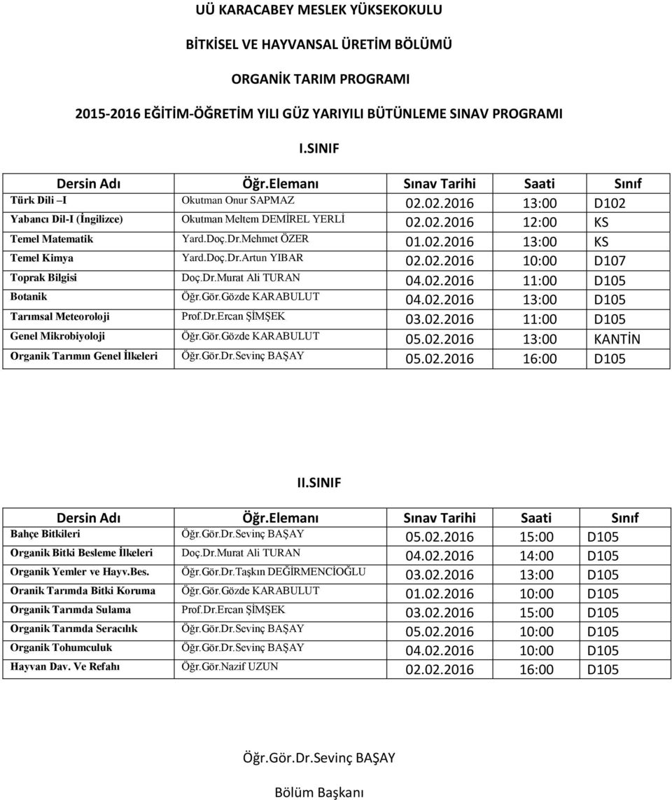 Gör.Gözde KARABULUT 05.02.2016 13:00 KANTİN Organik Tarımın Genel Ġlkeleri Öğr.Gör.Dr.Sevinç BAġAY 05.02.2016 16:00 D105 Bahçe Bitkileri Öğr.Gör.Dr.Sevinç BAġAY 05.02.2016 15:00 D105 Organik Bitki Besleme Ġlkeleri Doç.