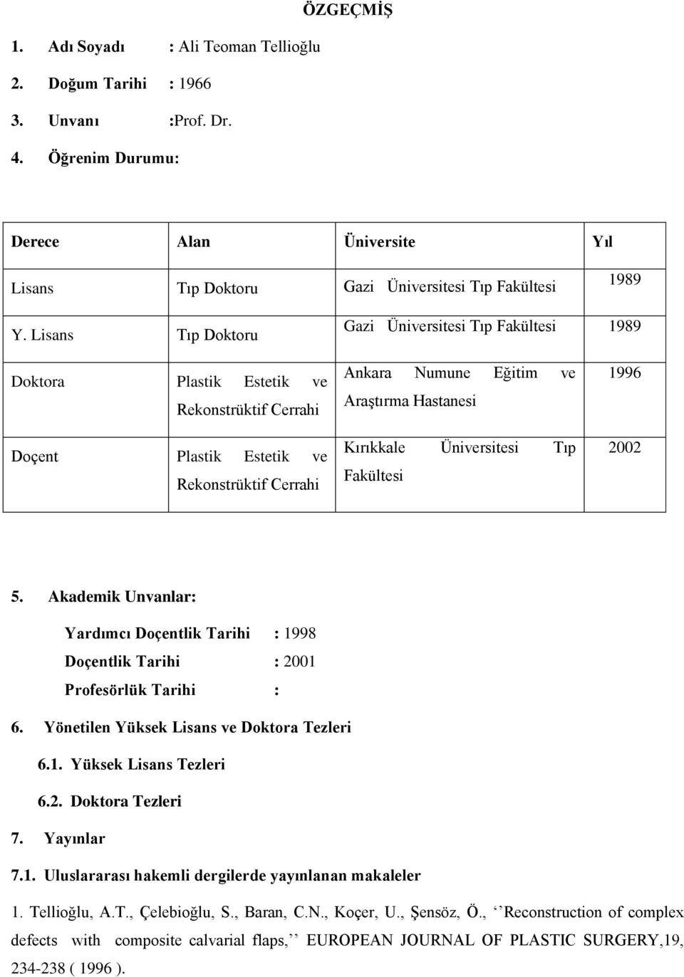 Kırıkkale Üniversitesi Tıp Fakültesi 1996 2002 5. Akademik Unvanlar: Yardımcı Doçentlik Tarihi : 1998 Doçentlik Tarihi : 2001 Profesörlük Tarihi : 6. Yönetilen Yüksek Lisans ve Doktora Tezleri 6.1. Yüksek Lisans Tezleri 6.