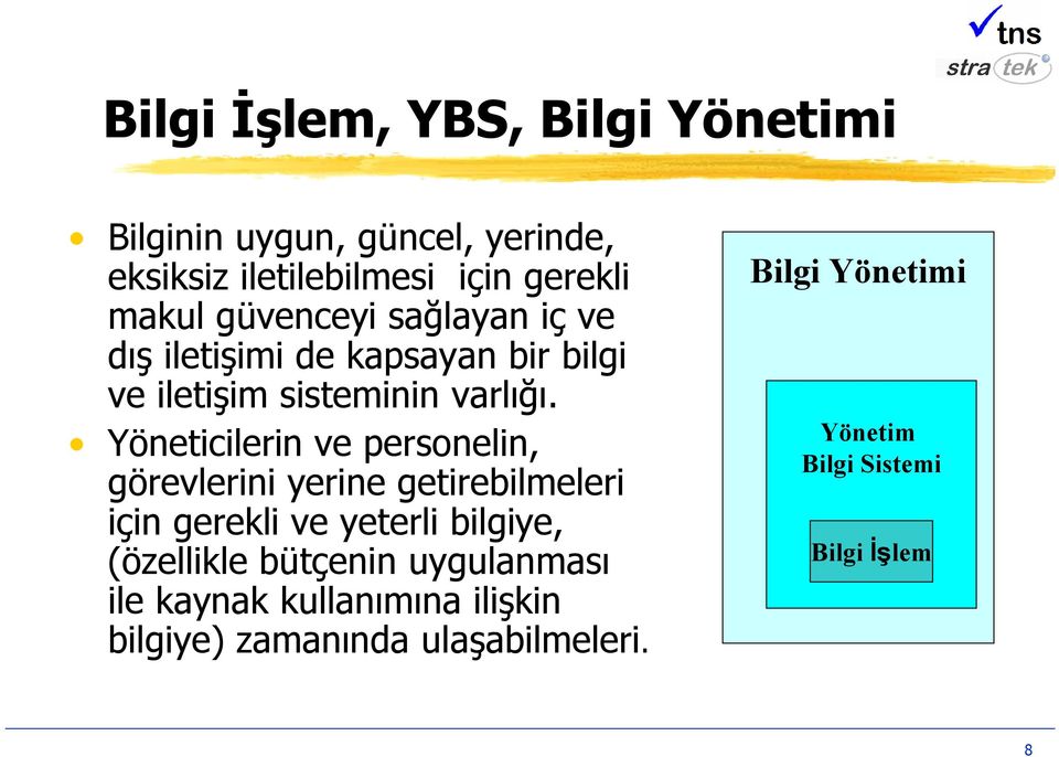 Yöneticilerin ve personelin, görevlerini yerine getirebilmeleri için gerekli ve yeterli bilgiye, (özellikle