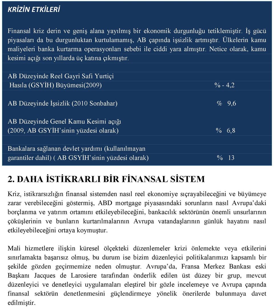 AB Düzeyinde Reel Gayri Safi Yurtiçi Hasıla (GSYİH) Büyümesi(2009) % - 4,2 AB Düzeyinde İşsizlik (2010 Sonbahar) % 9,6 AB Düzeyinde Genel Kamu Kesimi açığı (2009, AB GSYİH sinin yüzdesi olarak) % 6,8