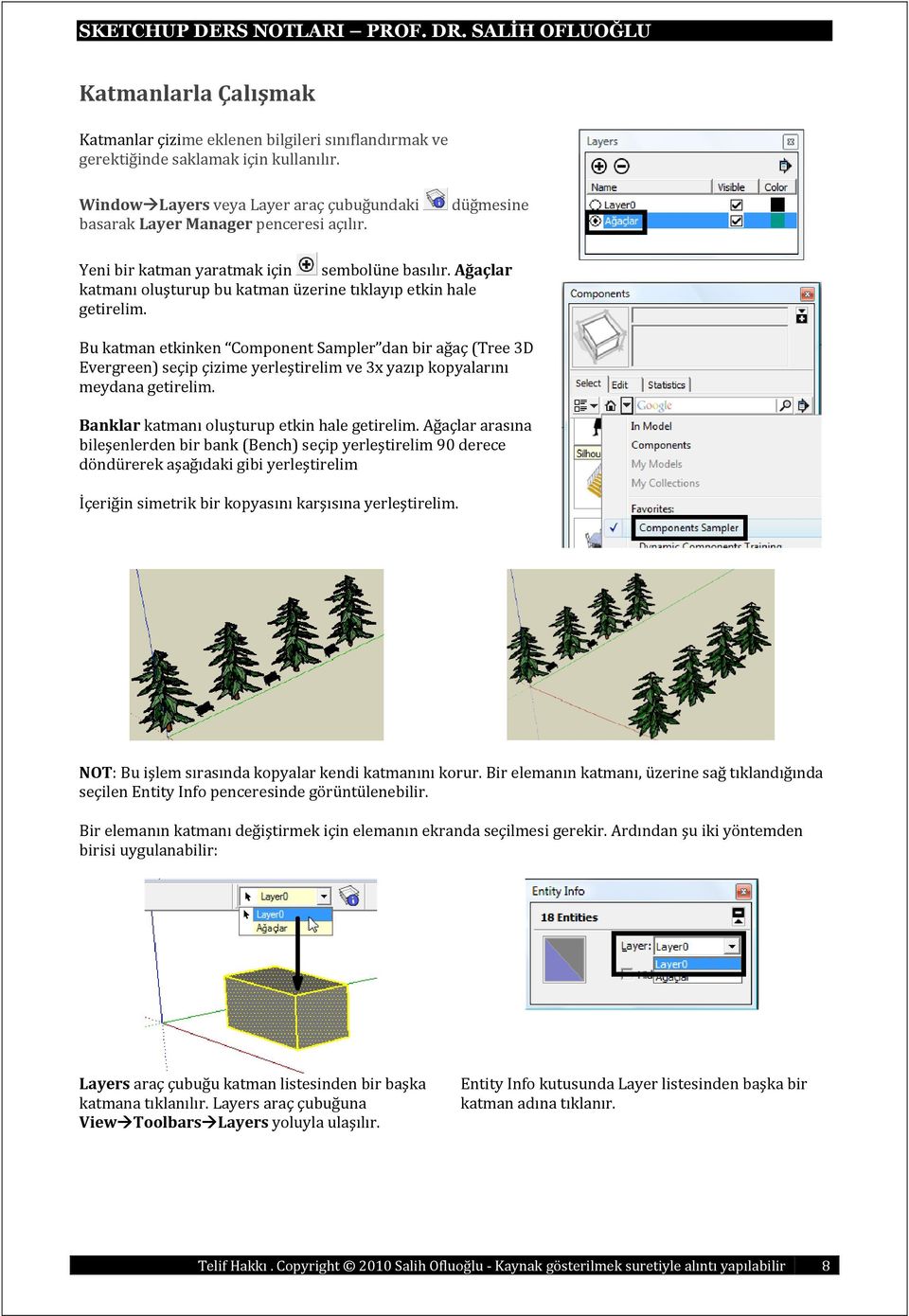 Bu katman etkinken Component Sampler dan bir ağaç (Tree 3D Evergreen) seçip çizime yerleştirelim ve 3x yazıp kopyalarını meydana getirelim. Banklar katmanı oluşturup etkin hale getirelim.