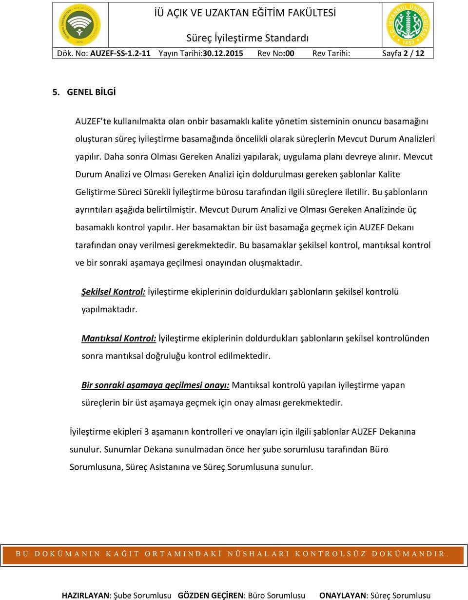 Daha sonra Olması Gereken Analizi yapılarak, uygulama planı devreye alınır.