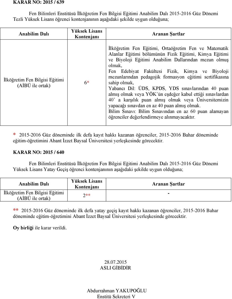 Eğitimi ve Biyoloji Eğitimi Anabilim Dallarından mezun olmuş olmak, Fen Edebiyat Fakültesi Fizik, Kimya ve Biyoloji mezunlarından pedagojik formasyon eğitimi sertifikasına sahip olmak, Yabancı Dil: