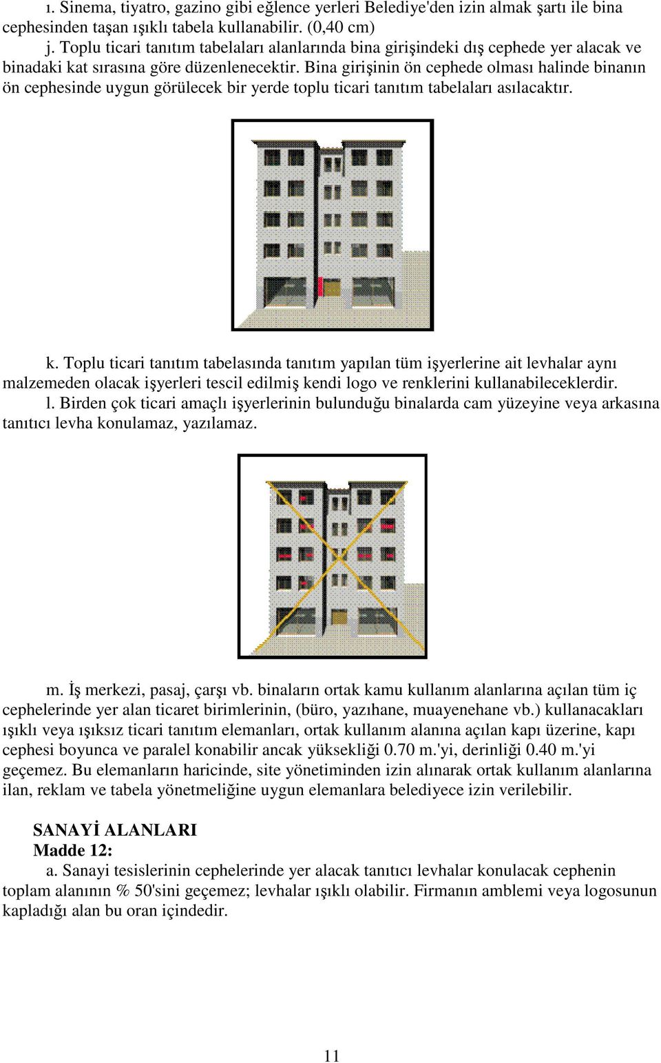 Bina girişinin ön cephede olması halinde binanın ön cephesinde uygun görülecek bir yerde toplu ticari tanıtım tabelaları asılacaktır. k.