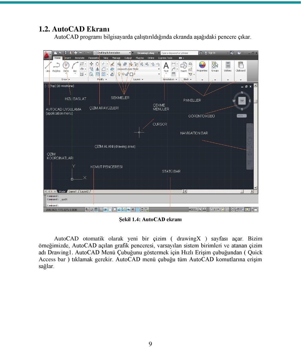 Bizim örneğimizde, AutoCAD açılan grafik penceresi, varsayılan sistem birimleri ve atanan çizim adı Drawing1.