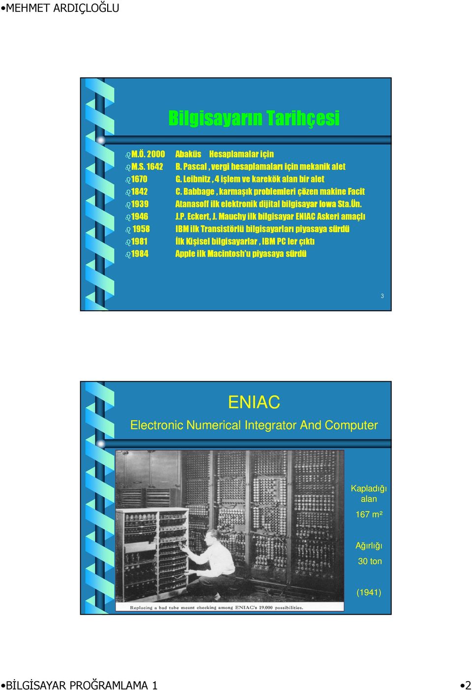 Babbage, karmaşık problemleri çözen makine Facit 1939 Atanasoff ilk elektronik dijital bilgisayar Iowa Sta.Ün. 1946 J.P. Eckert, J.