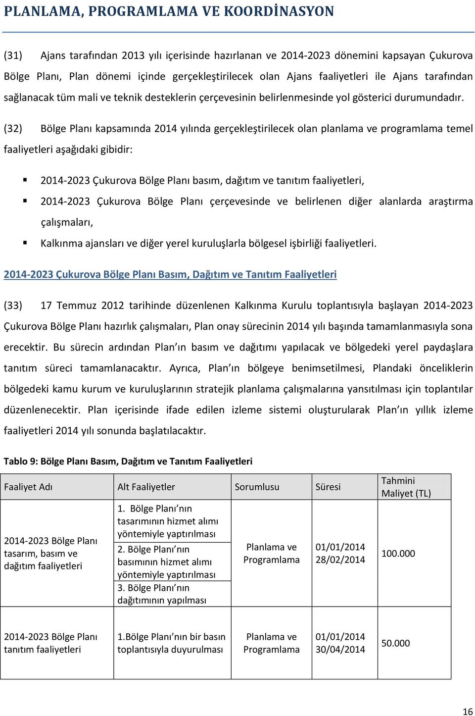 (32) Bölge Planı kapsamında 2014 yılında gerçekleştirilecek olan planlama ve programlama temel faaliyetleri aşağıdaki gibidir: 2014-2023 Çukurova Bölge Planı basım, dağıtım ve tanıtım faaliyetleri,