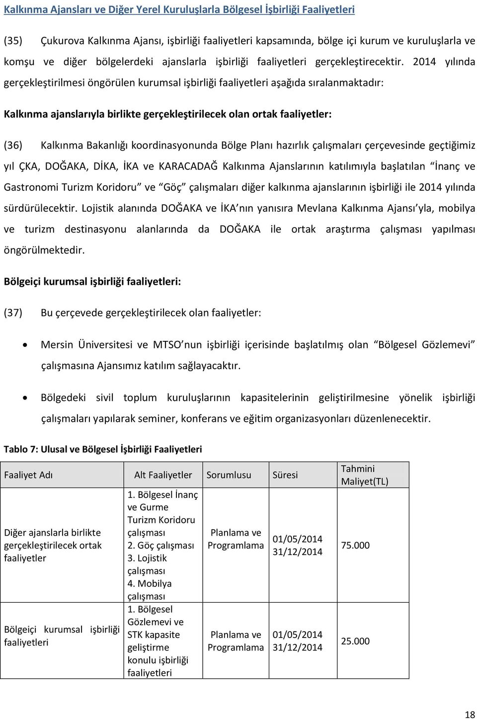 2014 yılında gerçekleştirilmesi öngörülen kurumsal işbirliği faaliyetleri aşağıda sıralanmaktadır: Kalkınma ajanslarıyla birlikte gerçekleştirilecek olan ortak faaliyetler: (36) Kalkınma Bakanlığı