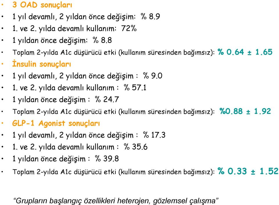 yılda devamlı kullanım : % 57.1 1 yıldan önce değişim : % 24.7 Toplam 2-yılda A1c düşürücü etki (kullanım süresinden bağımsız): %0.88 ± 1.