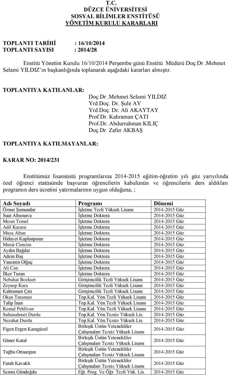 Dr. Abdurrahman KILIÇ Doç.Dr. Zafer AKBAġ TOPLANTIYA KATILMAYANLAR: KARAR NO: 2014/231 Enstitümüz lisansüstü programlarına 2014-2015 eğitim-öğretim yılı güz yarıyılında özel öğrenci statüsünde