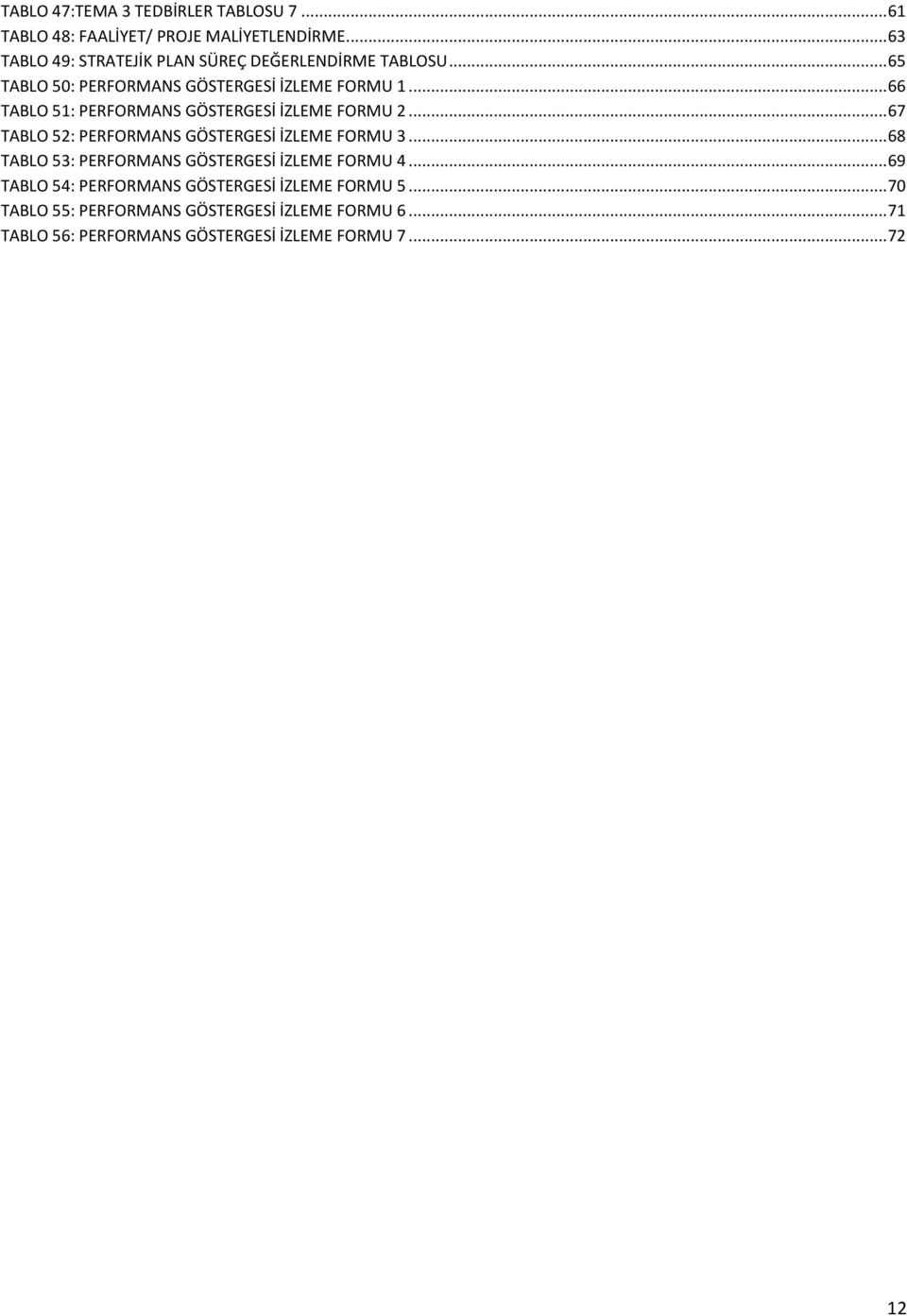 .. 66 TABLO 51: PERFORMANS GÖSTERGESİ İZLEME FORMU 2... 67 TABLO 52: PERFORMANS GÖSTERGESİ İZLEME FORMU 3.