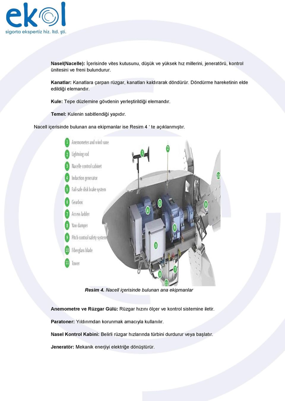 Temel: Kulenin sabitlendiği yapıdır. Nacell içerisinde bulunan ana ekipmanlar ise Resim 4 