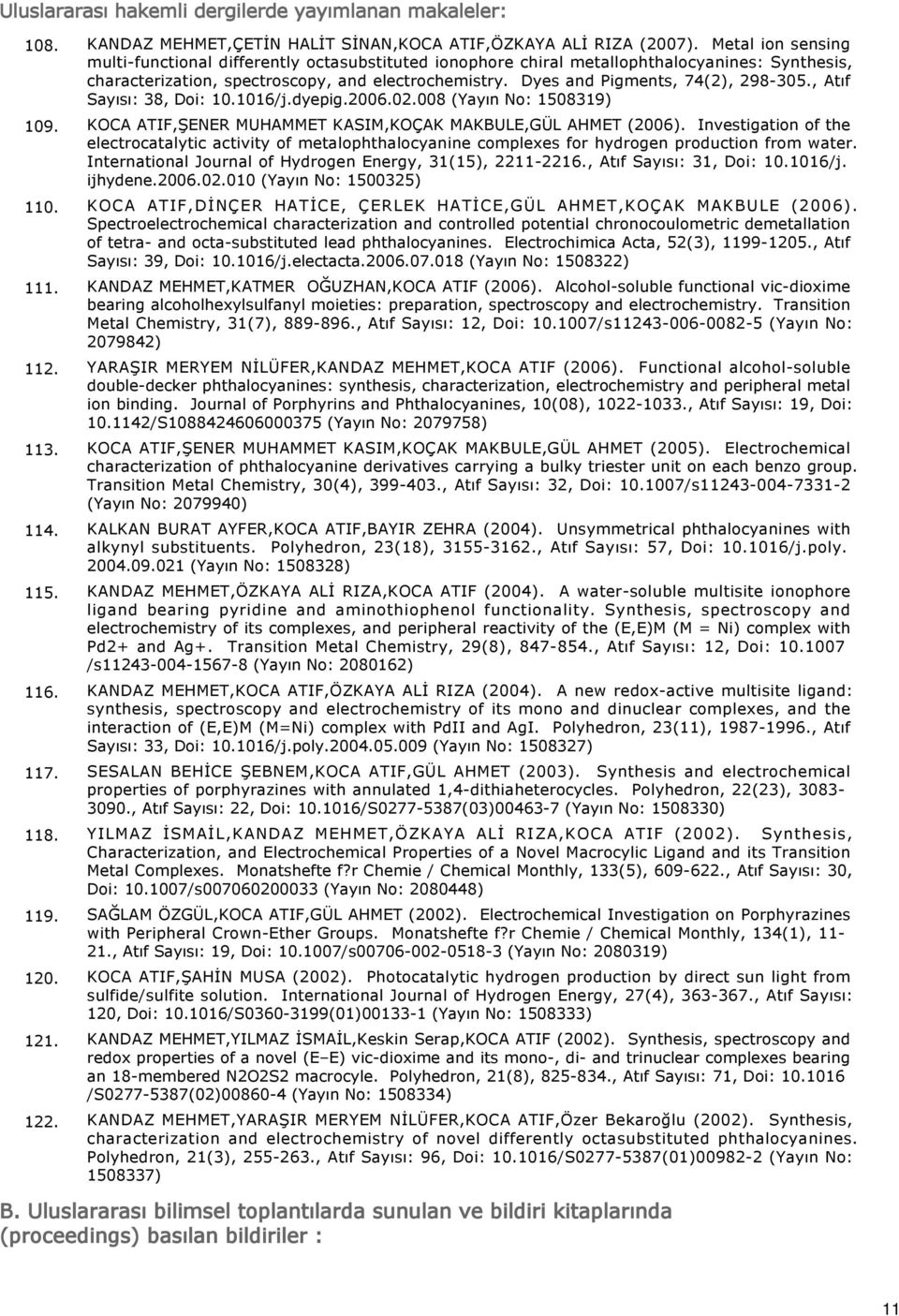 Dyes and Pigments, 74(2), 298-305., Atıf Sayısı: 38, Doi: 10.1016/j.dyepig.2006.02.008 (Yayın No: 1508319) 109. KOCA ATIF,ŞENER MUHAMMET KASIM,KOÇAK MAKBULE,GÜL AHMET (2006).