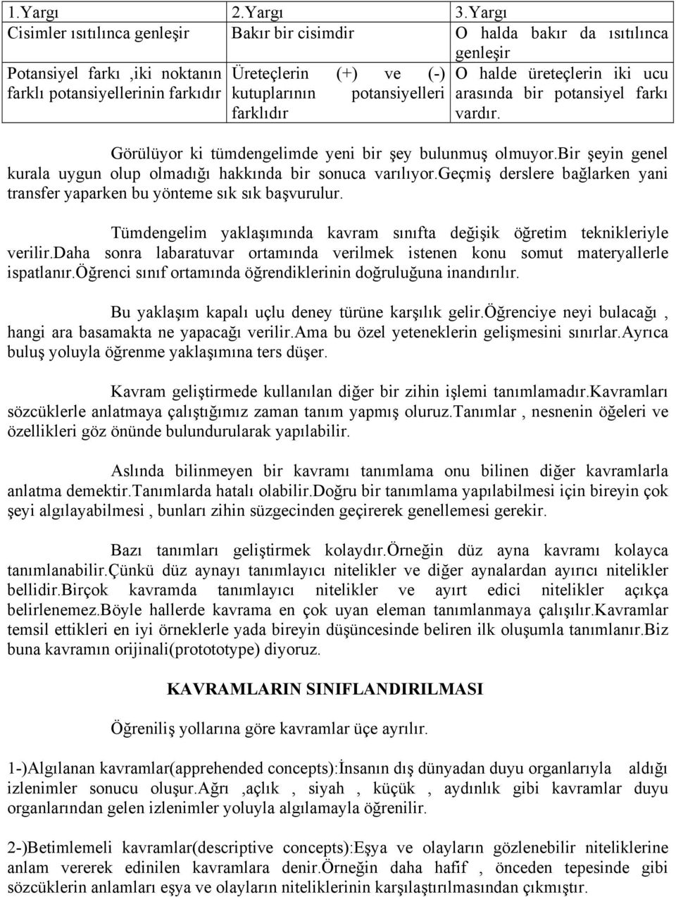 potansiyelleri farklıdır O halde üreteçlerin iki ucu arasında bir potansiyel farkı vardır. Görülüyor ki tümdengelimde yeni bir şey bulunmuş olmuyor.