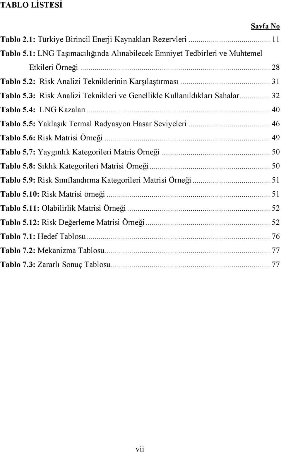 5: Yaklaşık Termal Radyasyon Hasar Seviyeleri... 46 Tablo 5.6: Risk Matrisi Örneği... 49 Tablo 5.7: Yaygınlık Kategorileri Matris Örneği... 50 Tablo 5.8: Sıklık Kategorileri Matrisi Örneği.