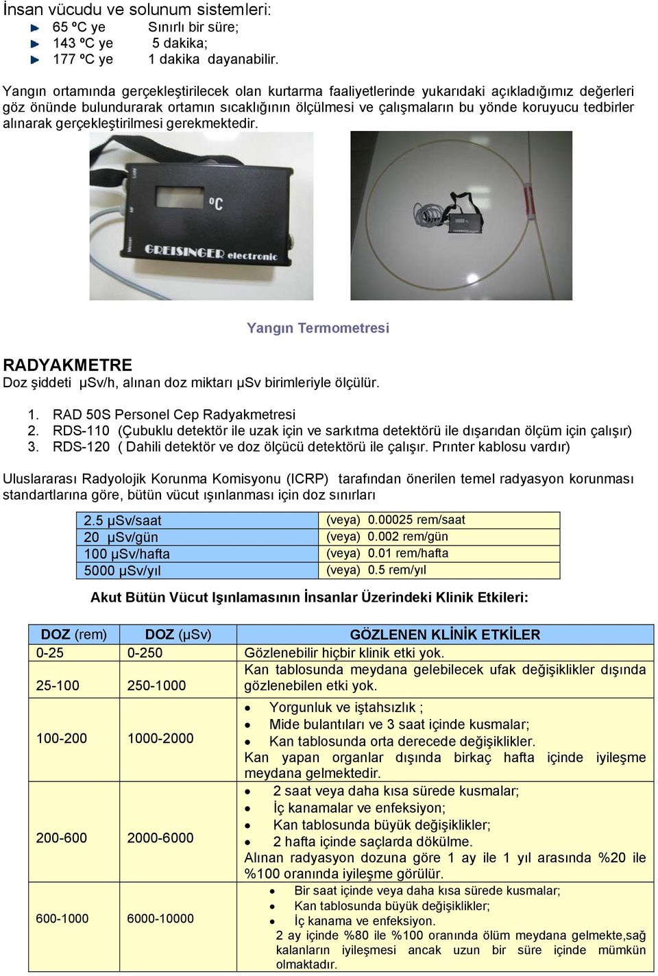 alınarak gerçekleştirilmesi gerekmektedir. Yangın Termometresi RADYAKMETRE Doz şiddeti µsv/h, alınan doz miktarı µsv birimleriyle ölçülür. 1. RAD 50S Personel Cep Radyakmetresi 2.